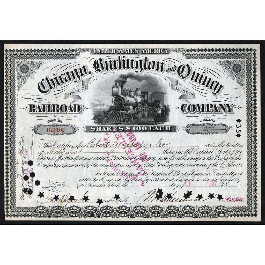 Chicago, Burlington and Quincy Railroad Company 1897 Illinois Stock Certificate