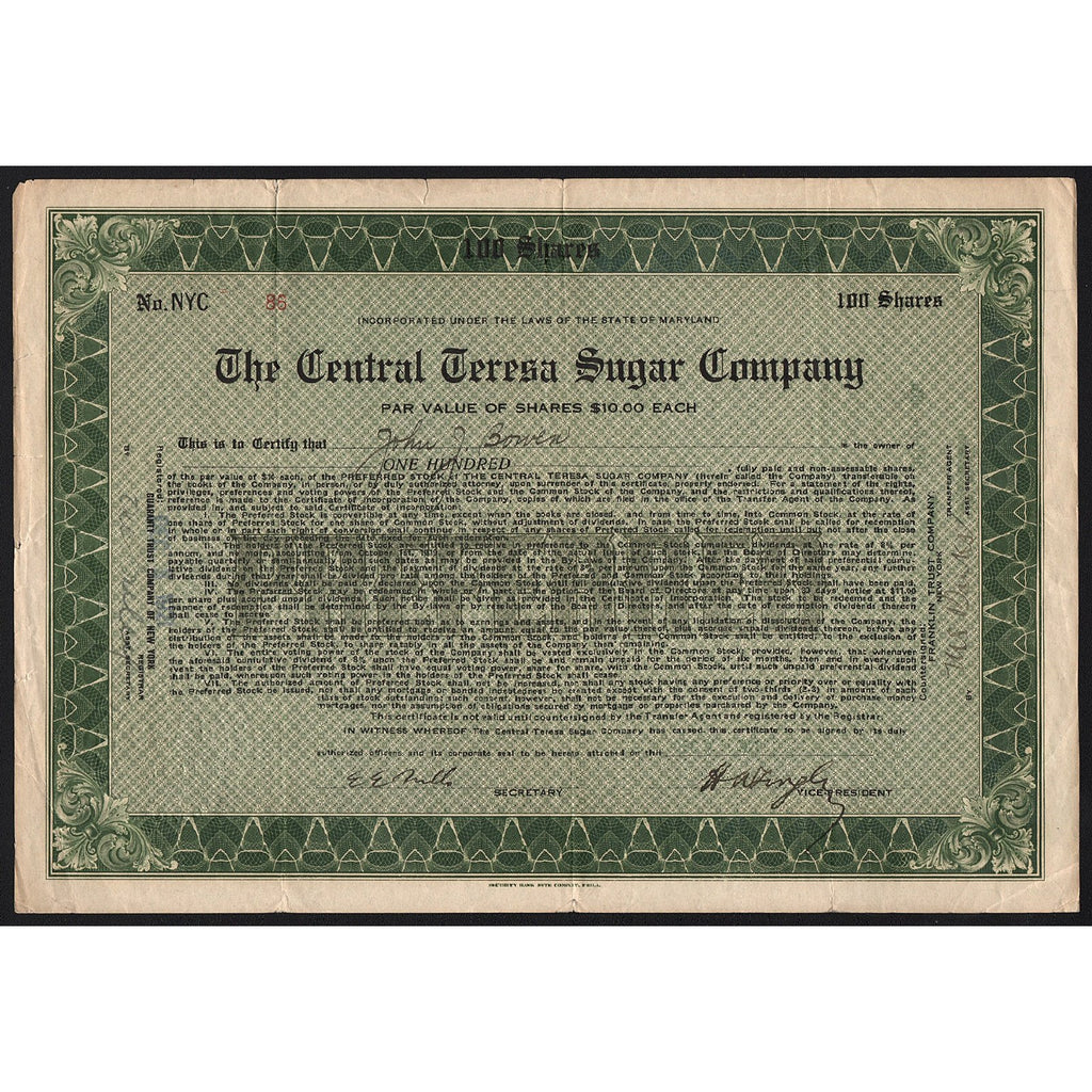 The Central Teresa Sugar Company Cuba Stock Certificate