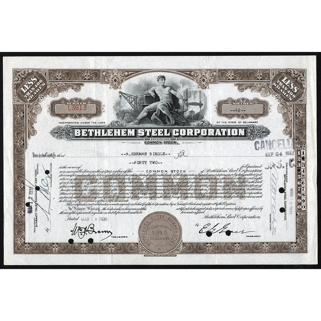 Bethlehem Steel Corporation 1936 Stock Certificate
