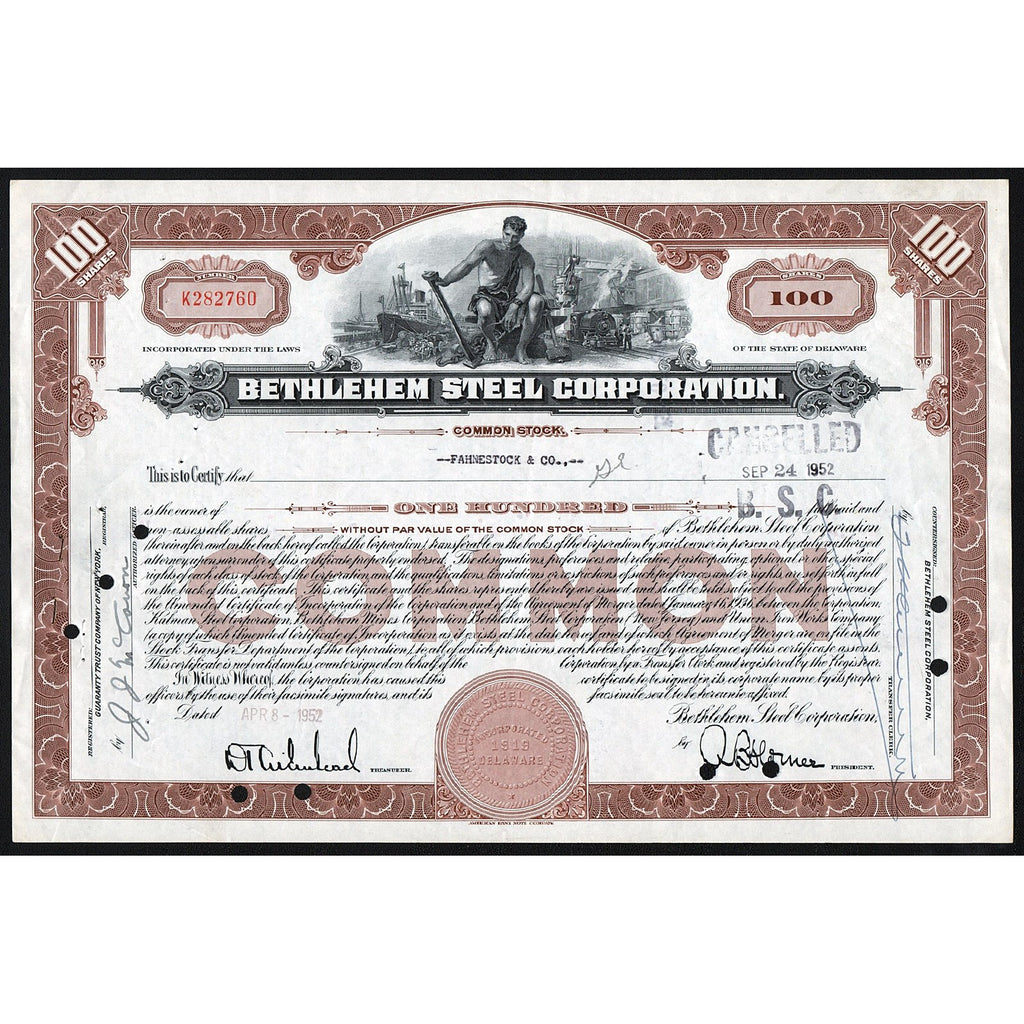 Bethlehem Steel Corporation 1952 Stock Certificate
