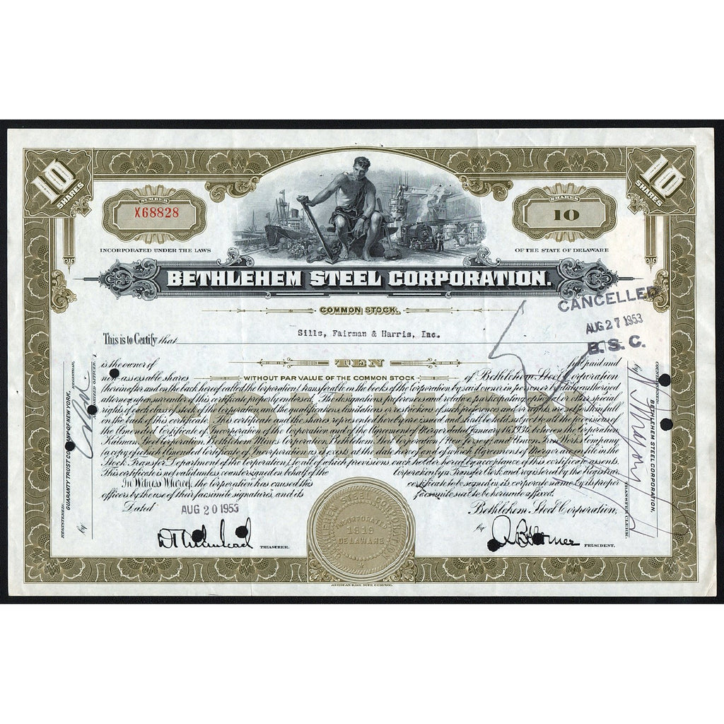 Bethlehem Steel Corporation 1953 Stock Certificate