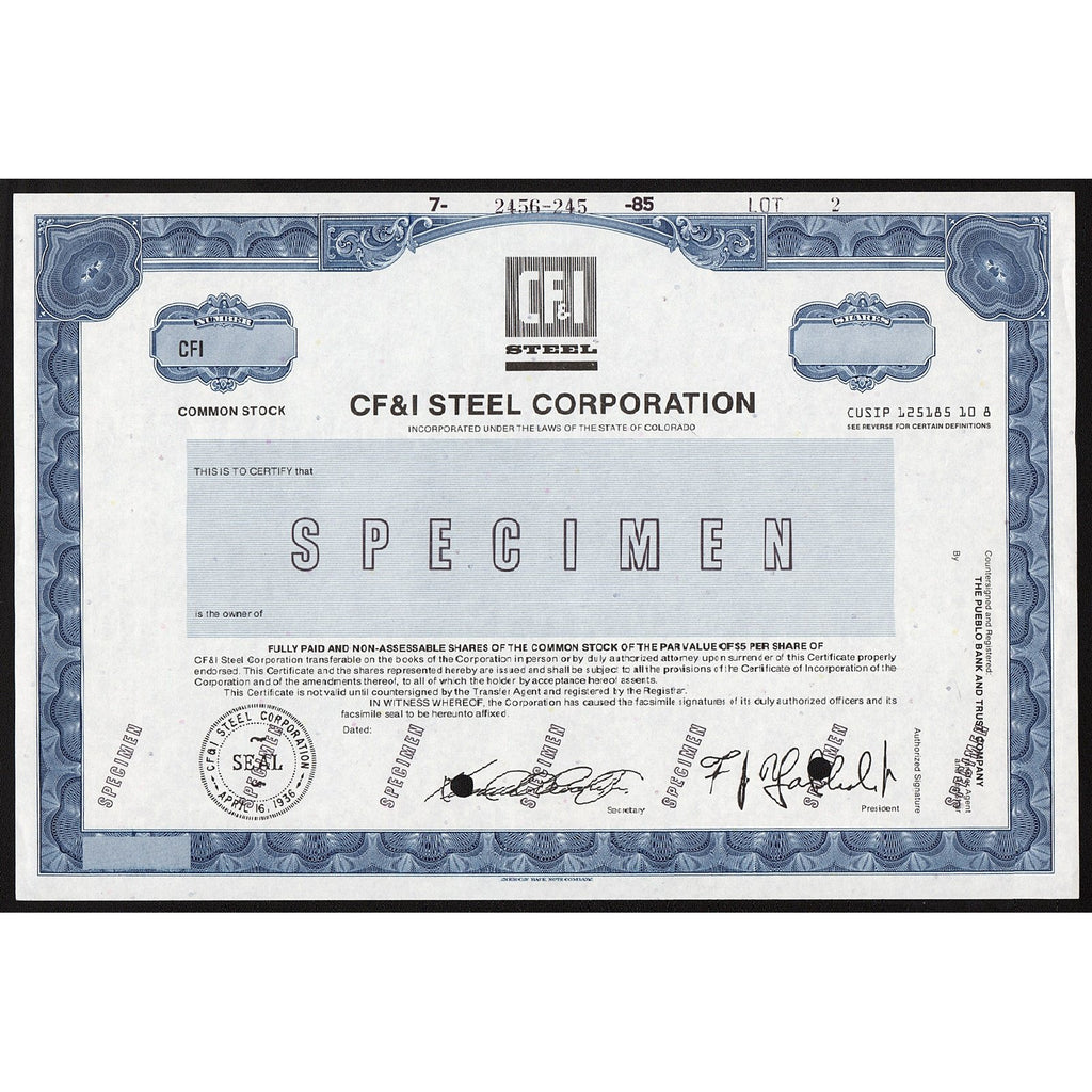 CF&I Steel Corporation Specimen Colorado Stock Certificate
