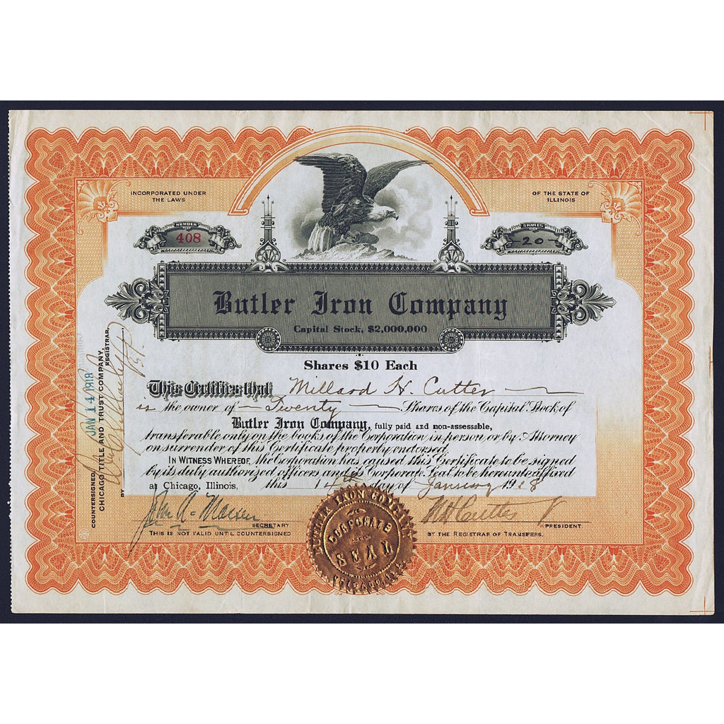 Butler Iron Company 1918 Chicago Illinois Stock Certificate