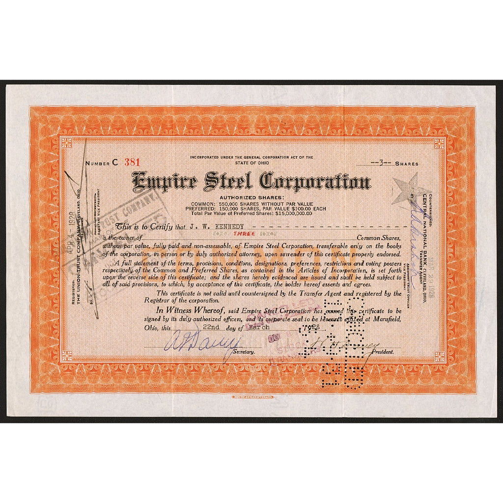 Empire Steel Corporation 1928 Mansfield Ohio Stock Certificate