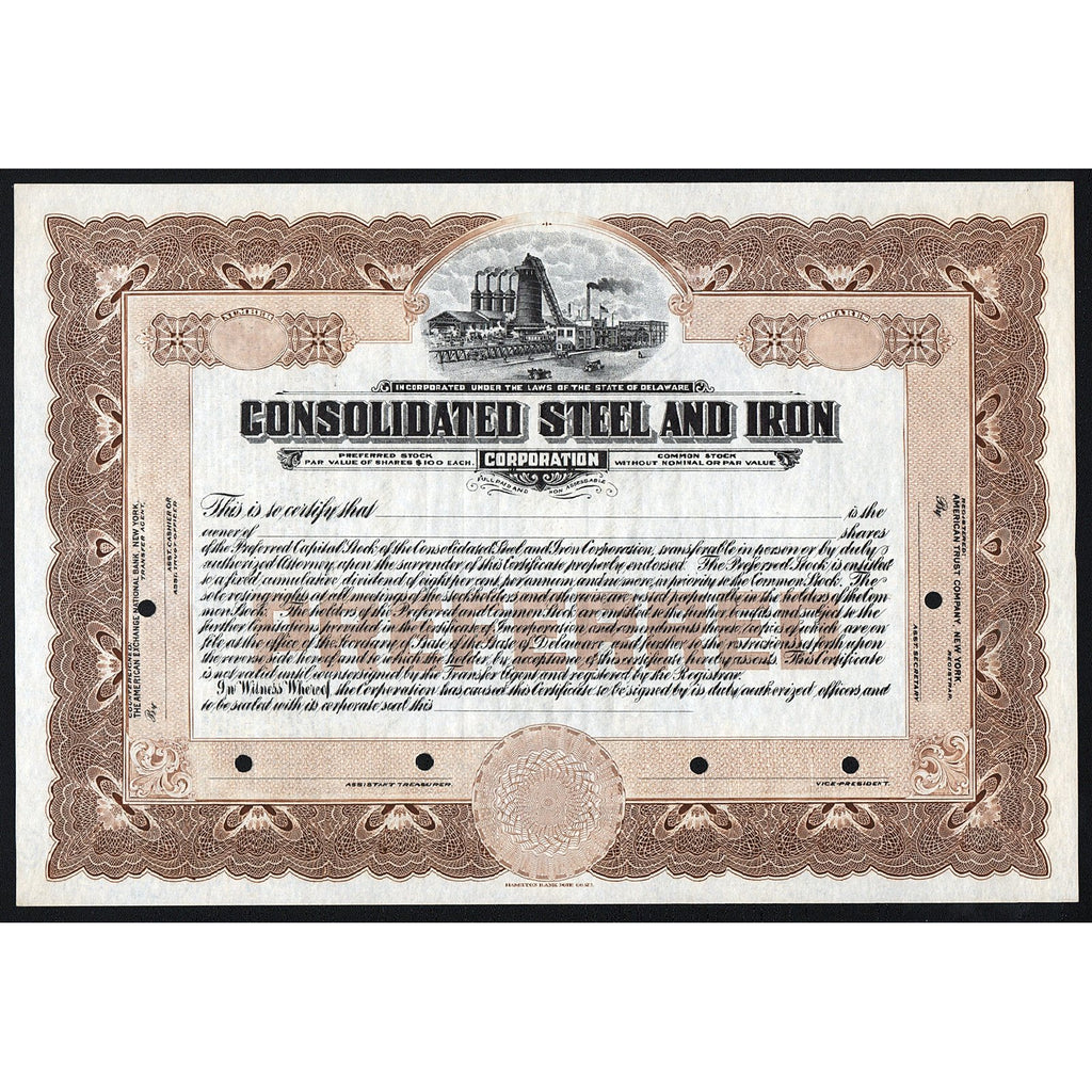 Consolidated Steel and Iron Corporation Stock Certificate