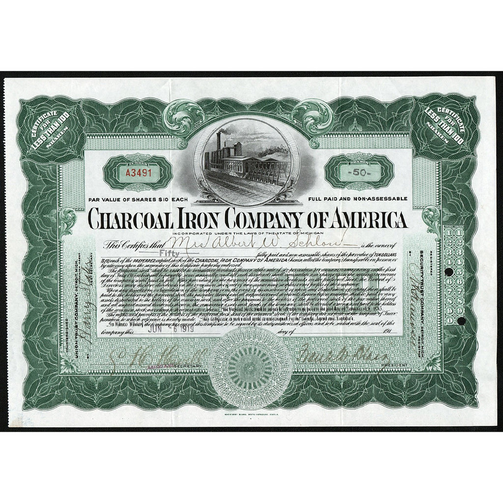 Charcoal Iron Company of America 1919 Michigan Stock Certificate