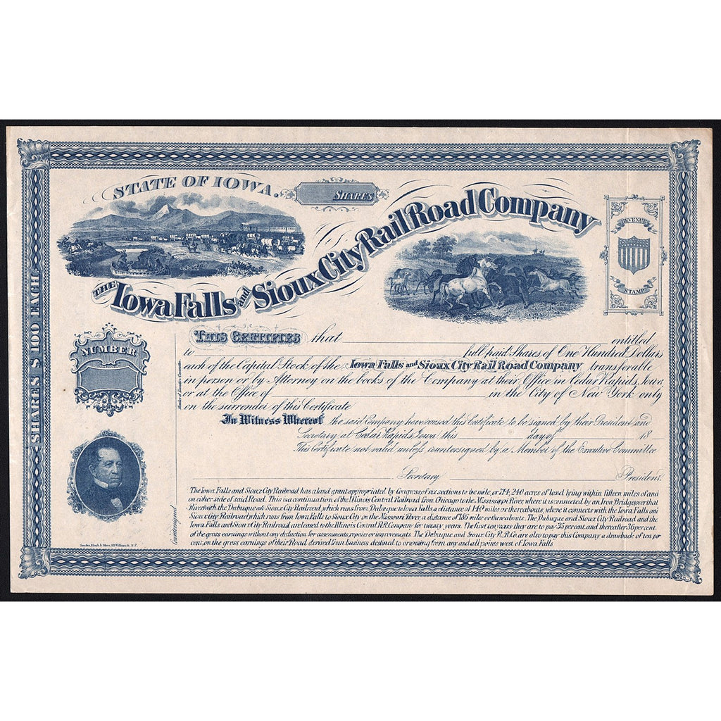 The Iowa Falls and Sioux City Rail Road Company Stock Certificate