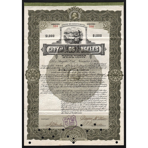 City of Los Angeles, Water Works Bond (Mayor Owen McAleer) 1905 Bond Certificate