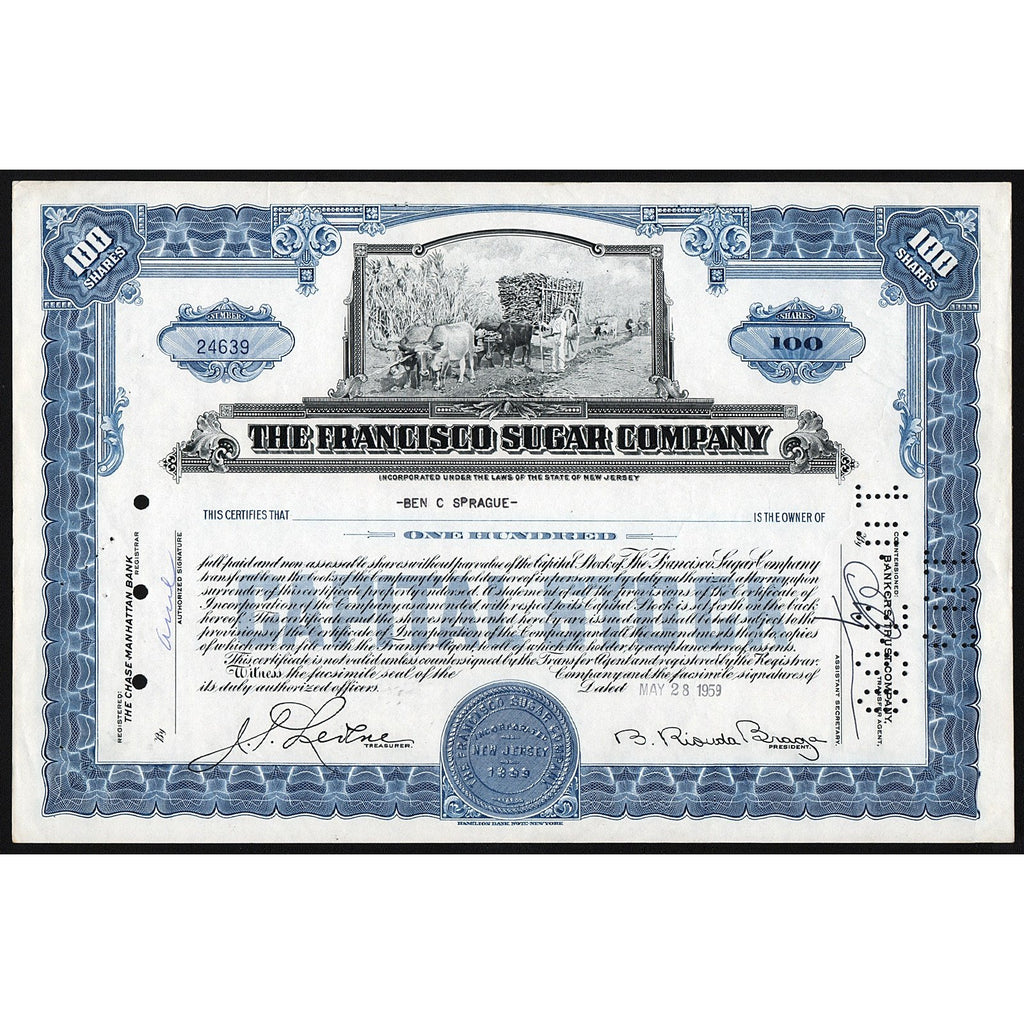 The Francisco Sugar Company New Jersey Stock Certificate
