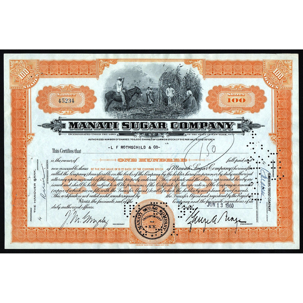 Manati Sugar Company 1960 New York Stock Certificate