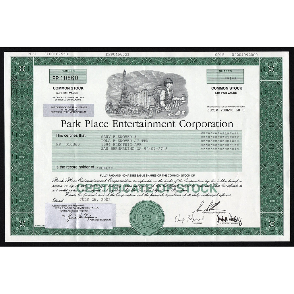 Park Place Entertainment Corporation Casino Stock Certificate