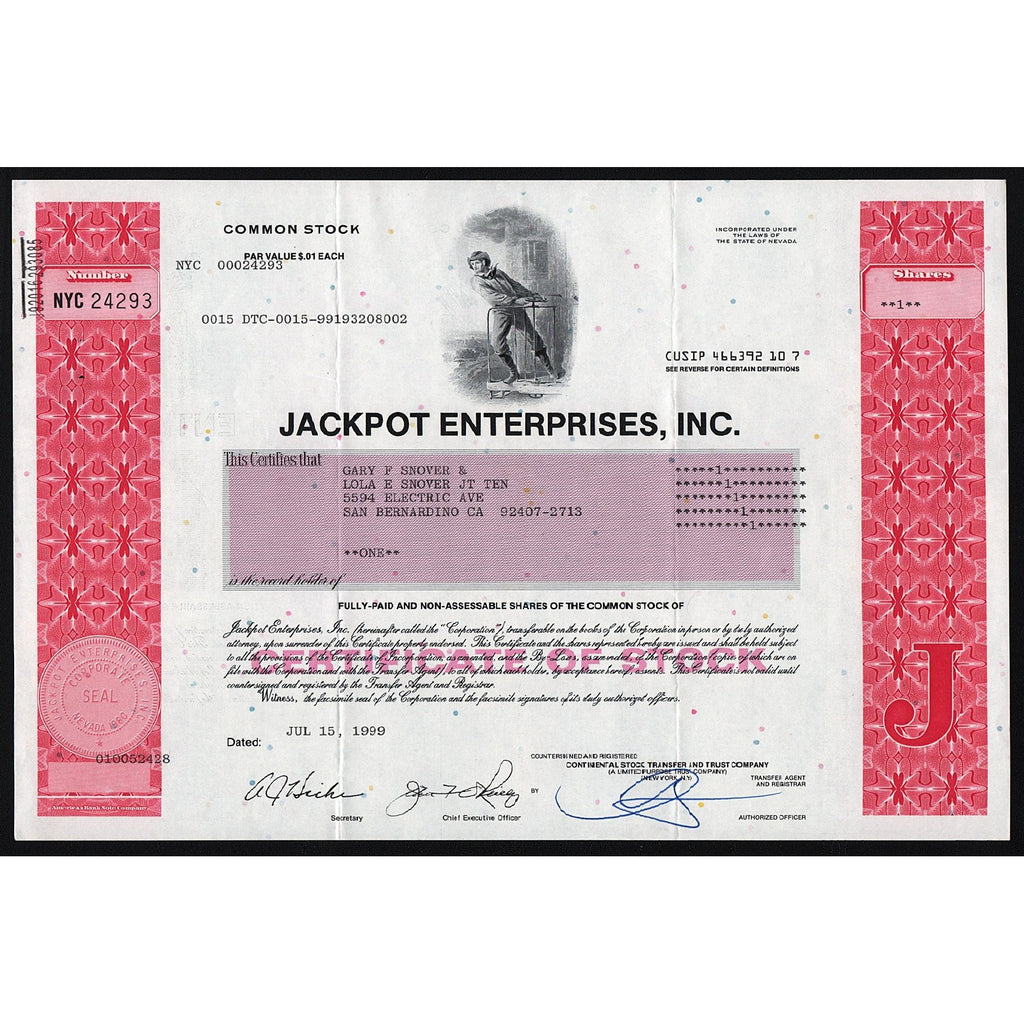 Jackpot Enterprises, Inc. Nevada Casino Stock Certificate