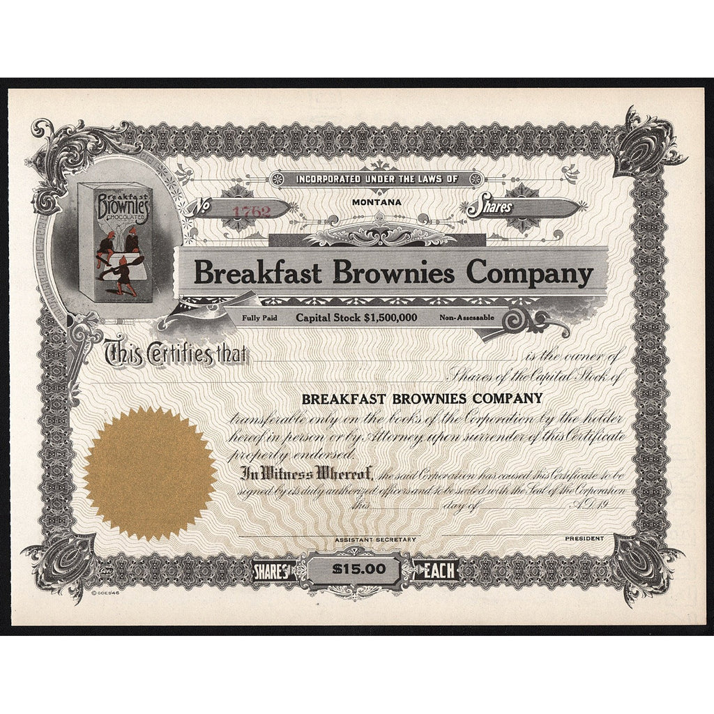 Breakfast Brownies Company Montana Stock Certificate