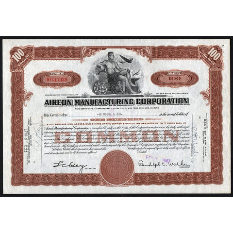 Aireon Manufacturing Corporation 1947 Aviation Stock Certificate