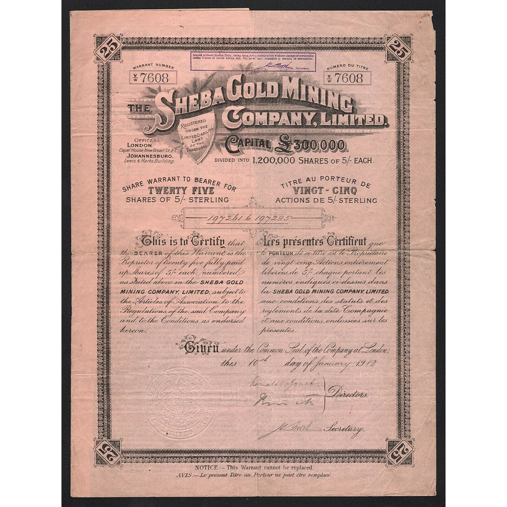 The Sheba Gold Mining Company, Limited 1912 South Africa Stock Certificate