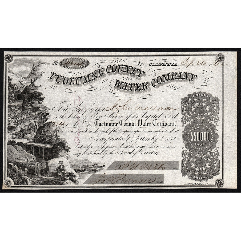 Tuolumne County Water Company 1862 California Stock Certificate