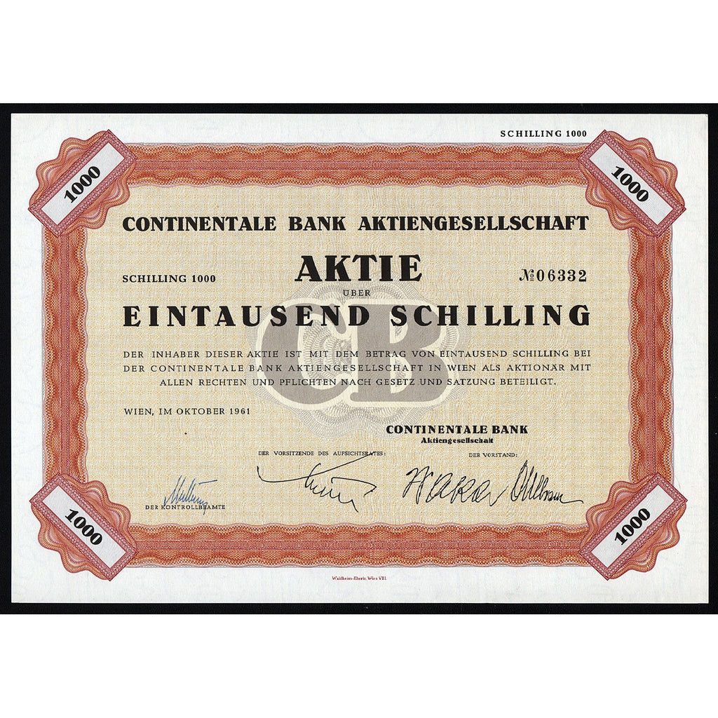 Continentale Bank Aktiengesellschaft 1961 Austria Stock Certificate Schilling