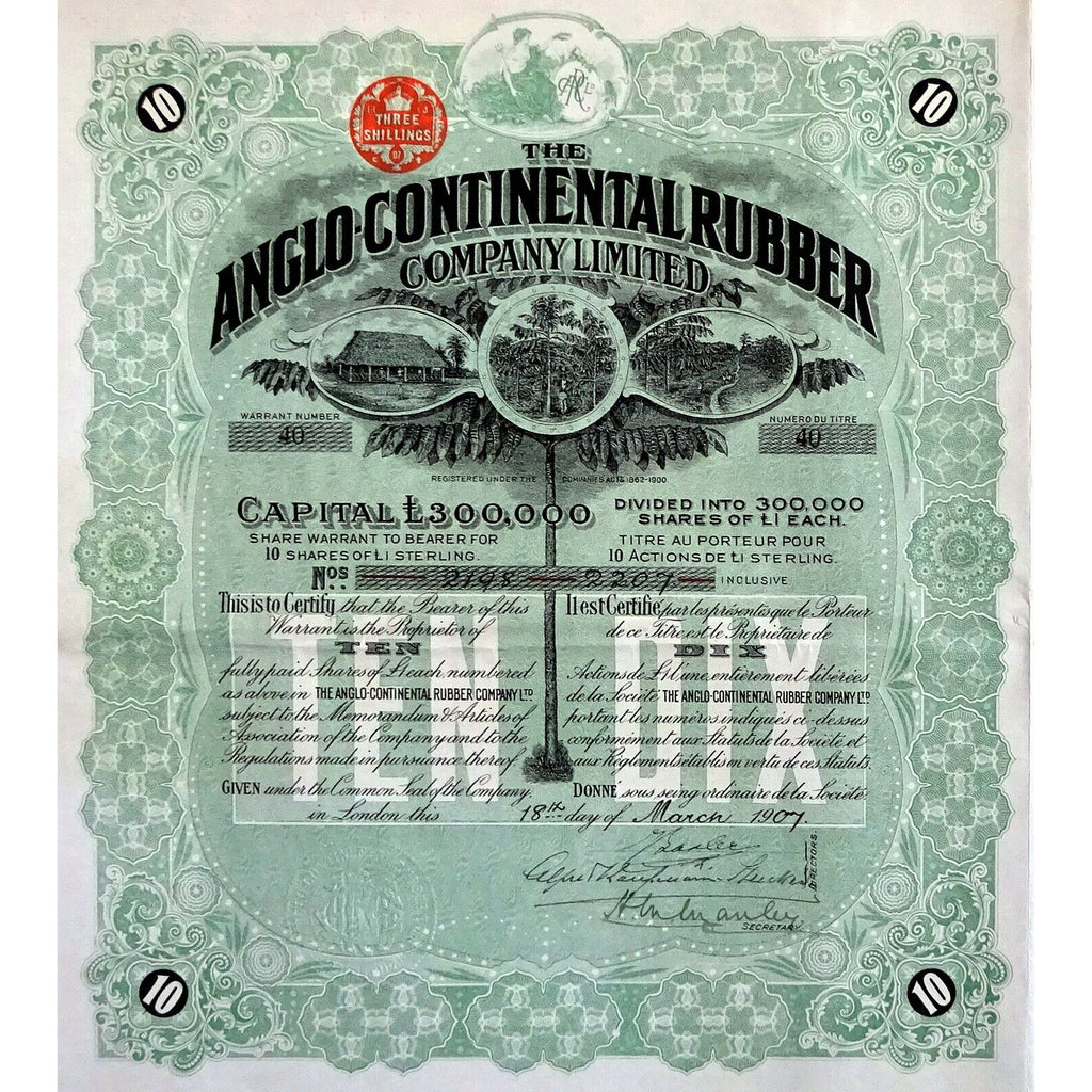 The Anglo-Continental Rubber Company Limited 1907 London Share Certificate