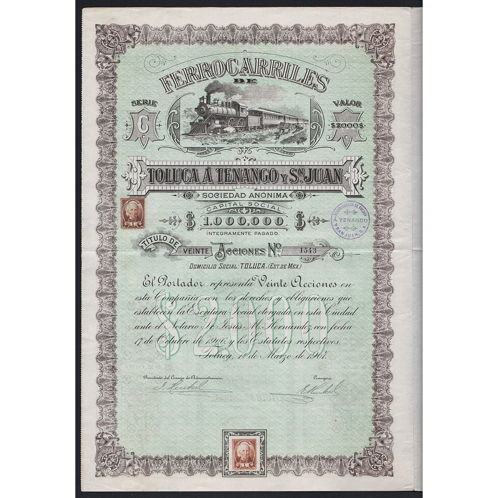 Ferrocarriles de Toluca a Tenango y San Juan S.A. 1907 Mexico Stock Certificate