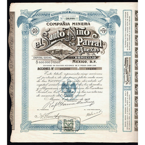 Compania Minera Santo Nino de Parral y Anexas S.A. 1912 Mexico Stock Certificate