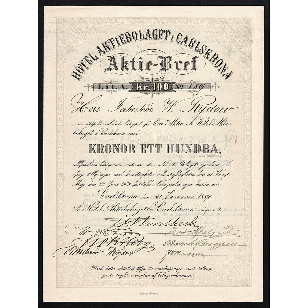 Hotel Aktiebolaget i Carlskrona 1890 Sweden Stock Certificate