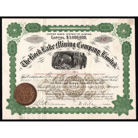 The Rock Lake Mining Company, Limited (Copper Mines, District of Algoma) Stock Certificate