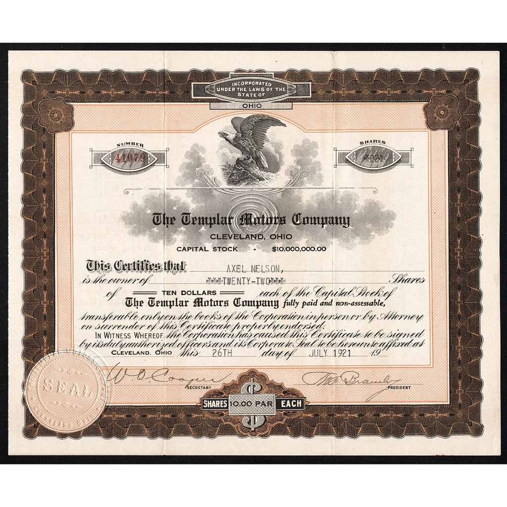 The Templar Motors Company 1921 Cleveland Ohio Stock Certificate