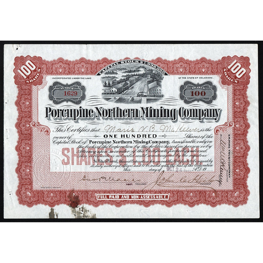 Porcupine Northern Mining Company 1911 Canada Stock Certificate