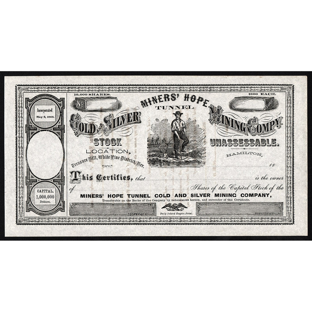 Miners' Hope Tunnel Gold and Silver Mining Company Stock Certificate