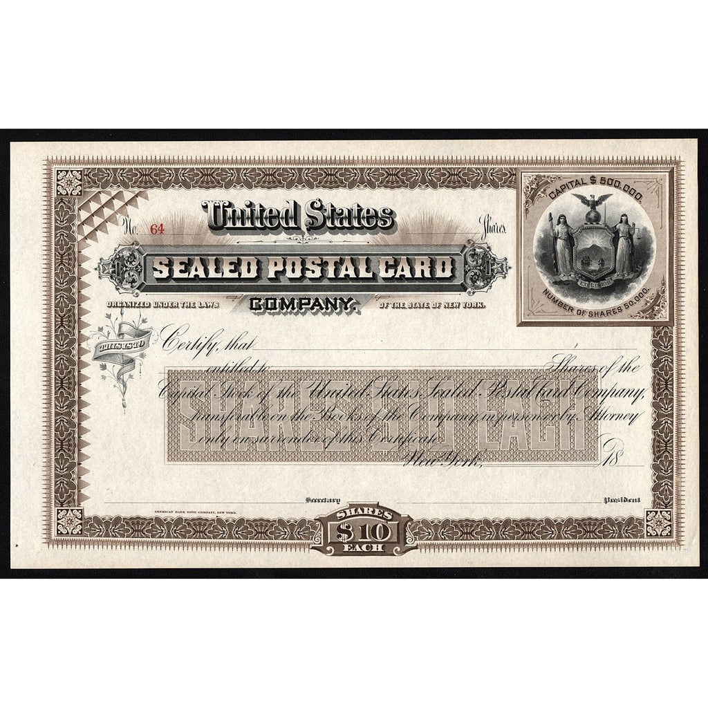 United States Sealed Postal Card Company New York Stock Certificate