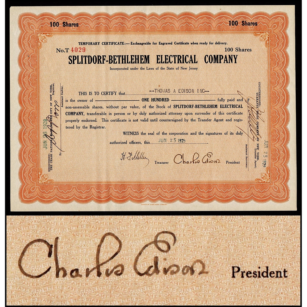 Splitdorf-Bethlehem Electrical Company (original Charles Edison signature) Stock Certificate