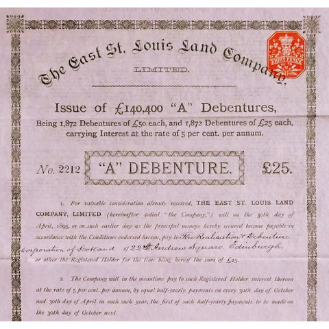 The East St. Louis Land Company 1892 Stock Bond Certificate