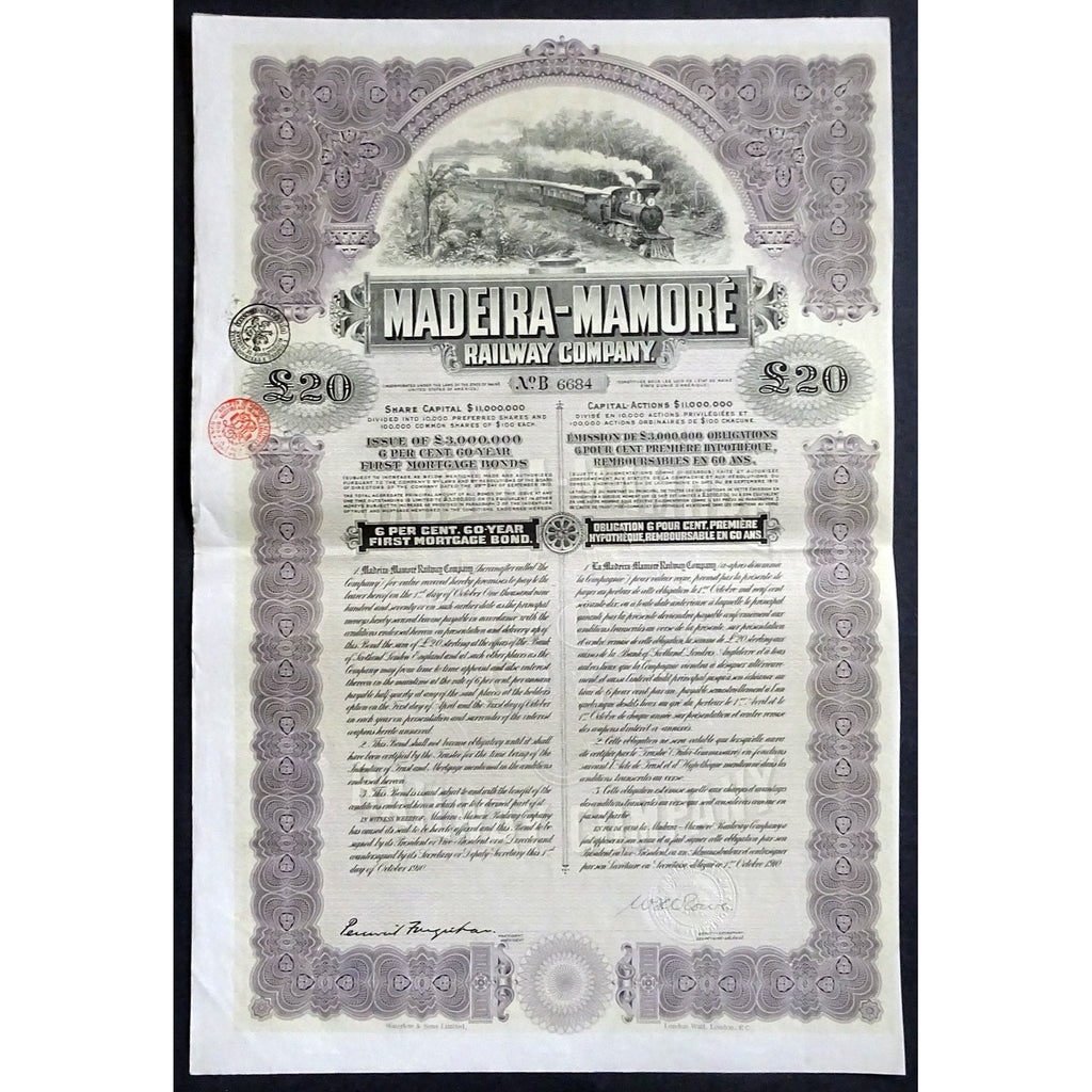 Madeira-Mamore Railway Company 1910 Brazil Stock Bond Certificate
