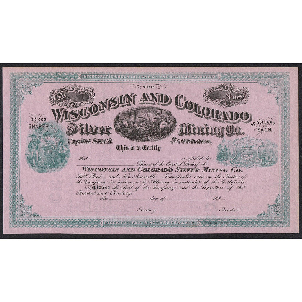 The Wisconsin and Colorado Silver Mining Co. Stock Certificate