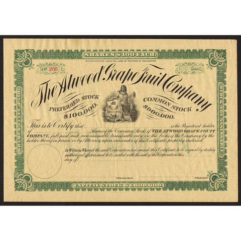 The Atwood Grape Fruit Company Stock Certificate
