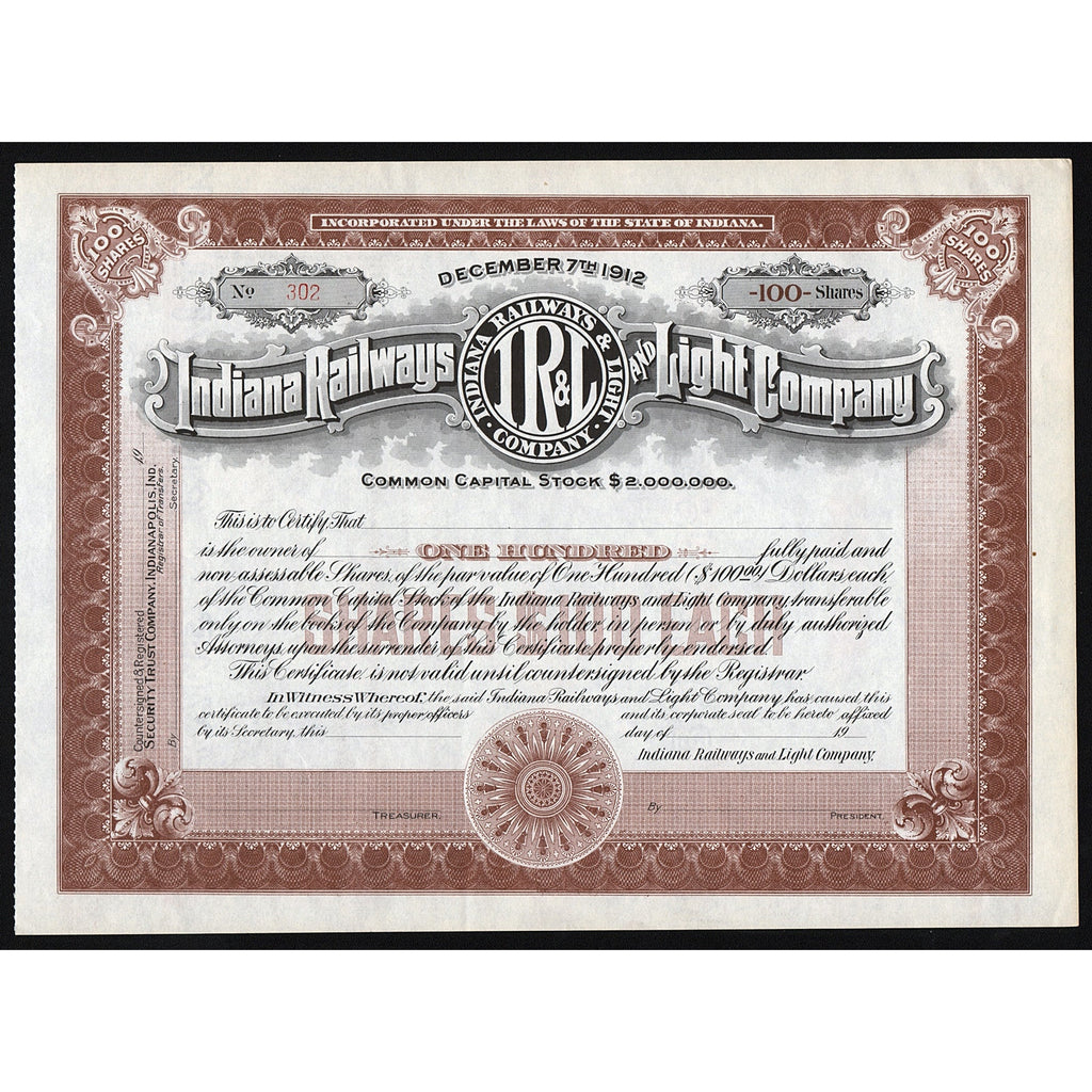 Indiana Railways and Light Company Stock Certificate