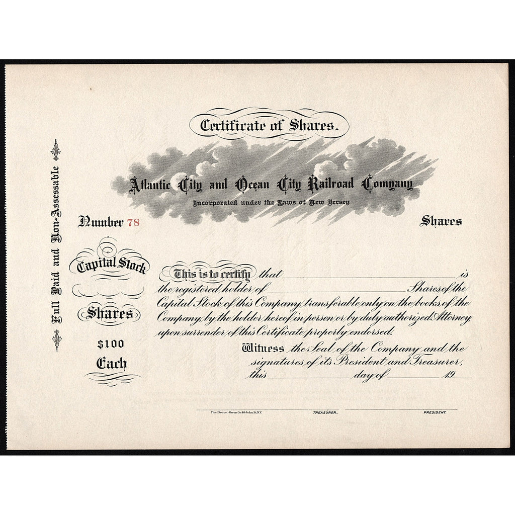 Atlantic City and Ocean City Railroad Company Stock Certificate