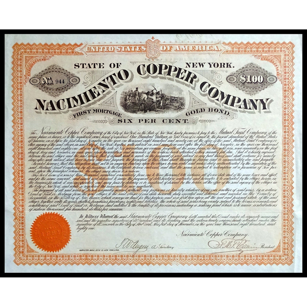 Nacimiento Copper Company 1881 (Gold Bond) Stock Certificate