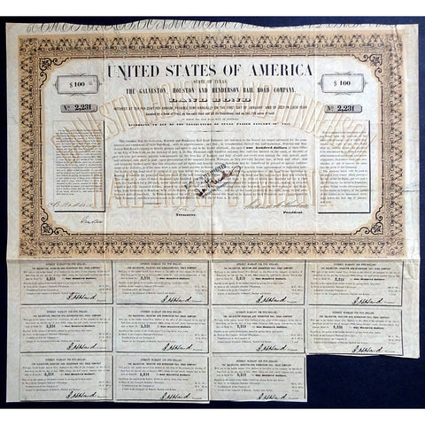 The Galveston, Houston and Henderson Rail Road Company - Land Bond 1855 Texas Stock Certificate
