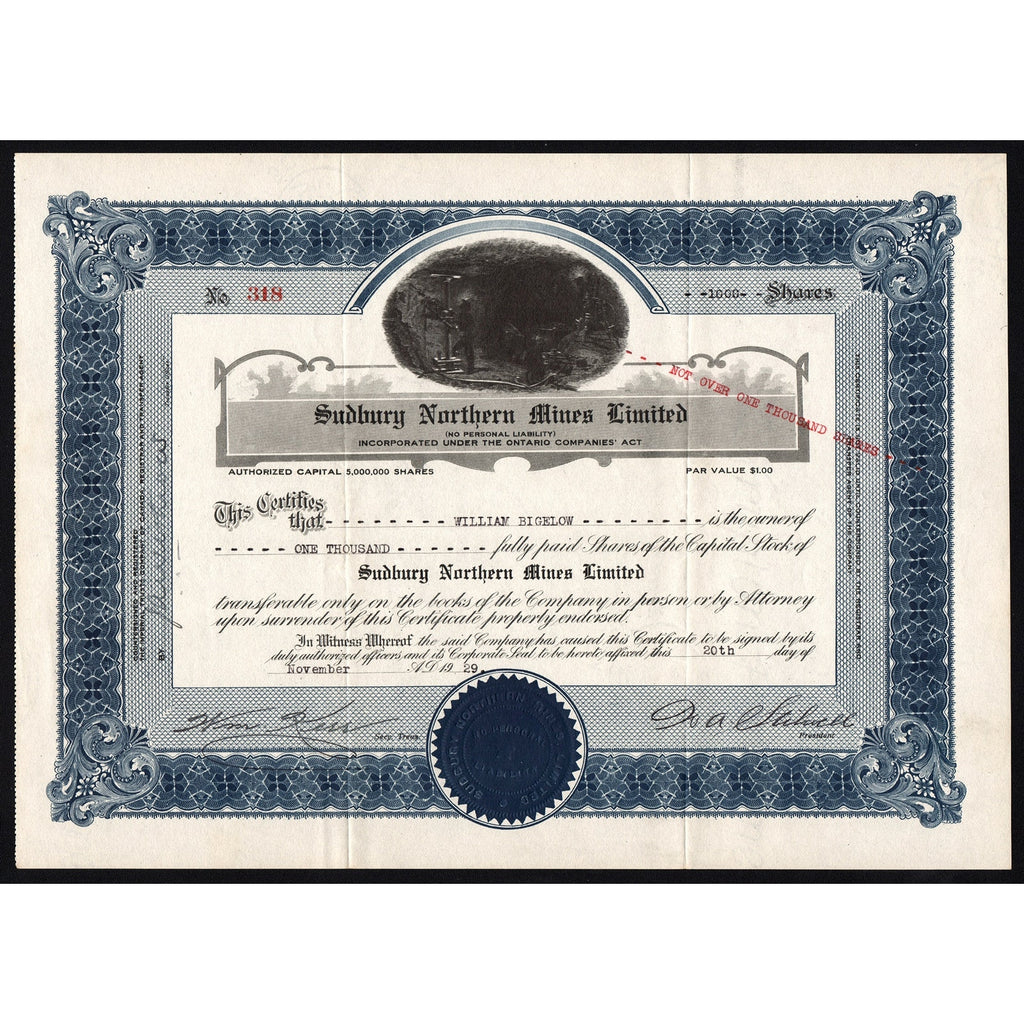 Sudbury Northern Mines Ontario Stock Certificate