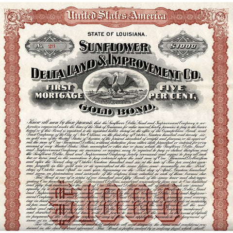 Sunflower Delta Land & Improvement Co. 1927 Louisiana Gold Bond Certificate