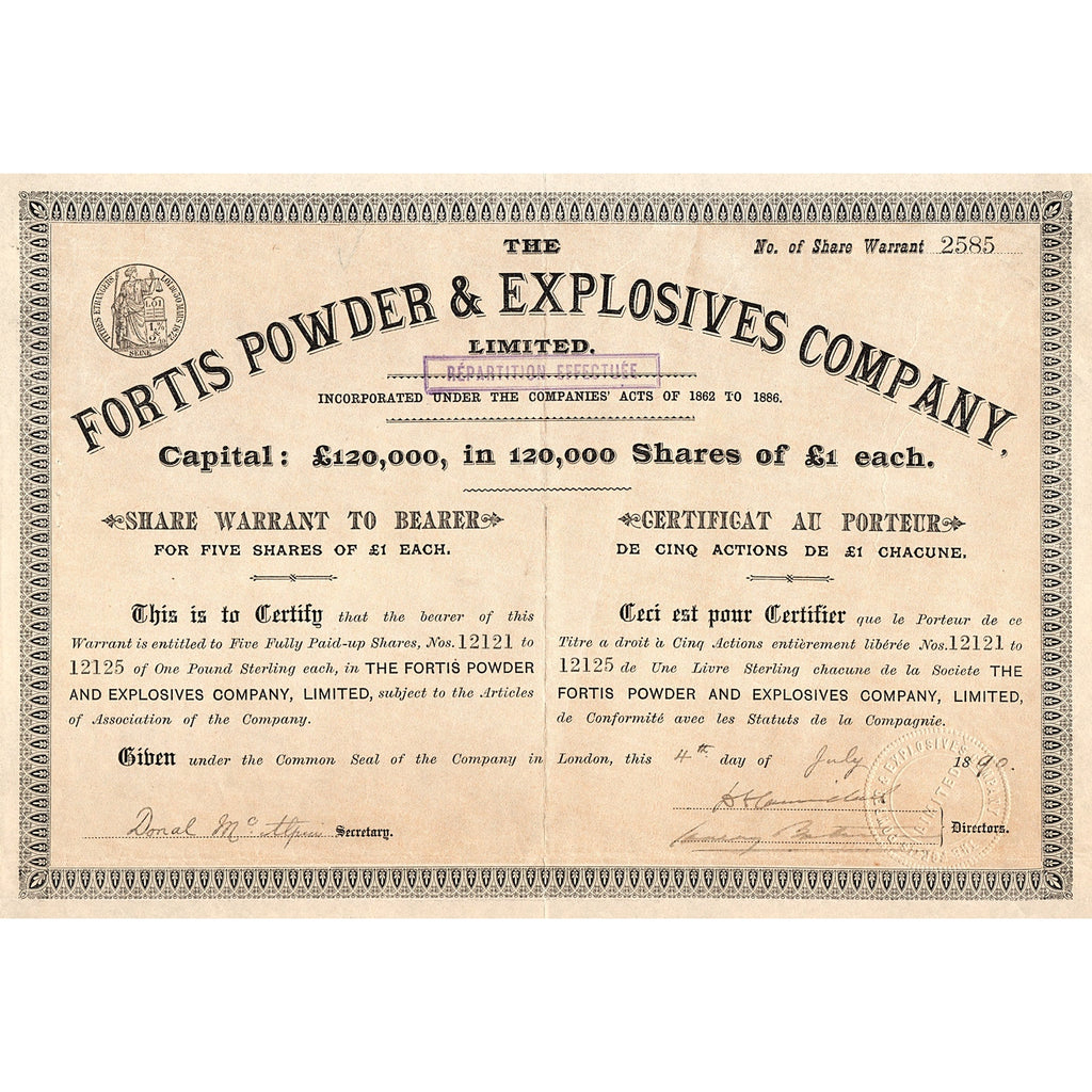 The Fortis Powder & Explosives Company, Limited Stock Certificate