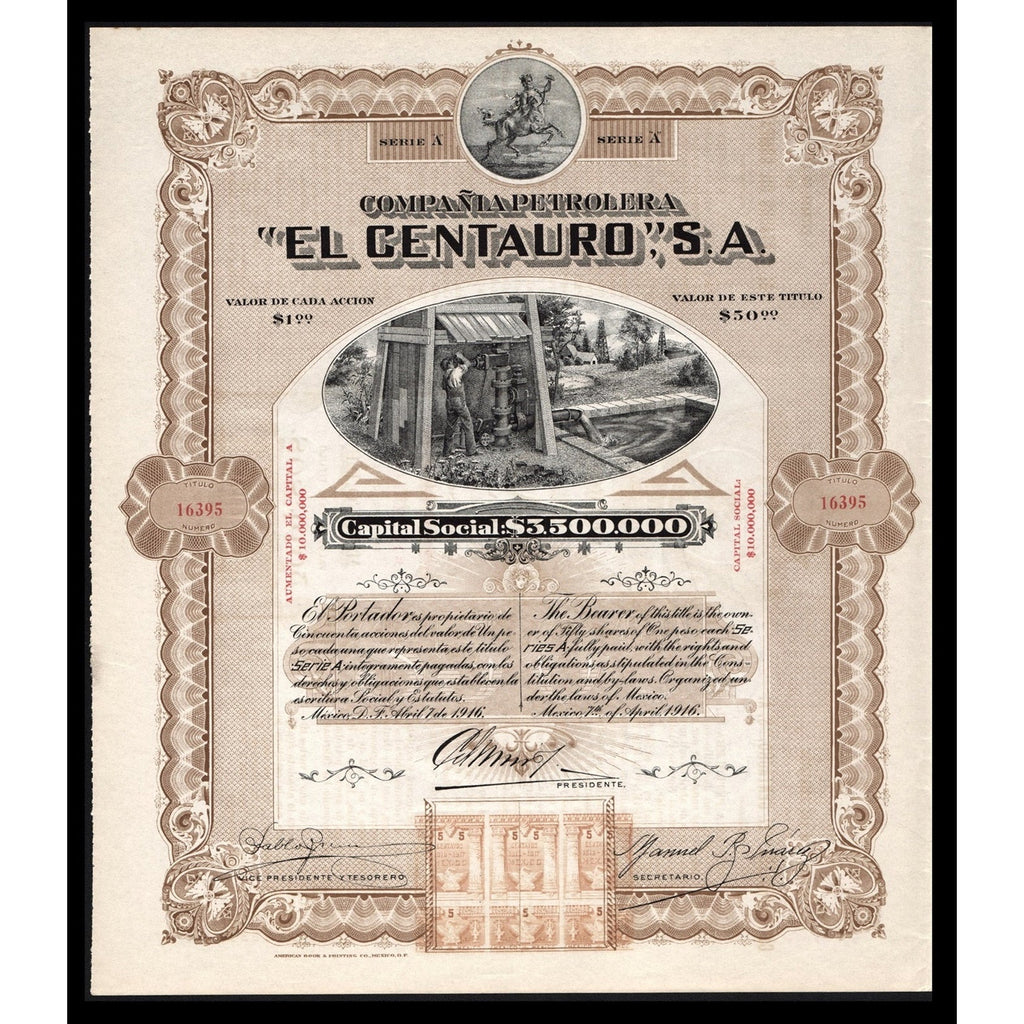 Compania Petrolera "El Centauro", S.A. 1916 Mexico Stock Certificate