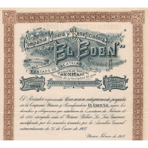 Compania Minera y Beneficadora "El Eden" S.A. Mexico Stock Certificate