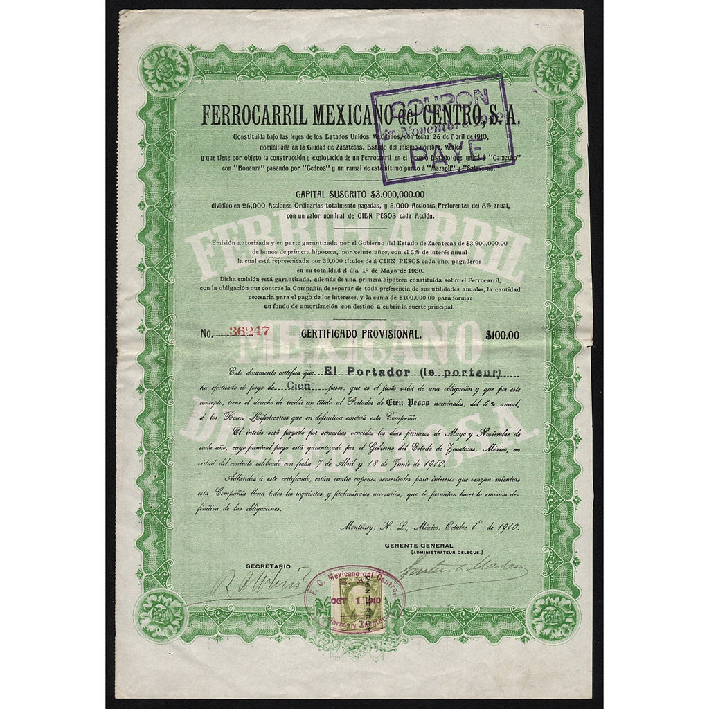 Ferrocarriles Mexicano del Centro, S.A. 1910 Mexico Stock Certificate