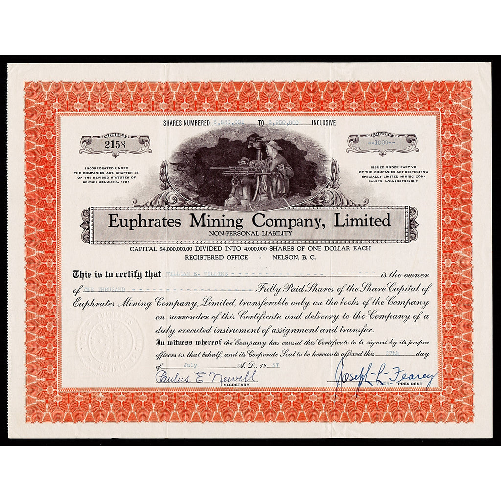 Euphrates Mining Company, Limited British Columbia Stock Certificate
