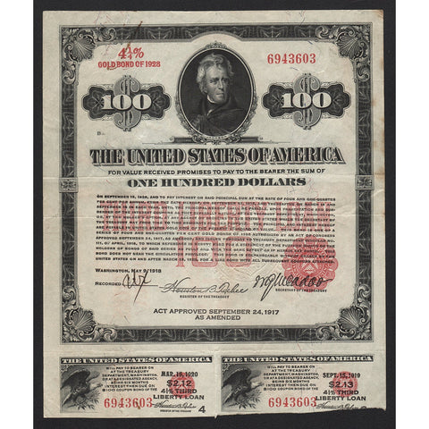 United States of America $100 Third Liberty Loan 1918 Gold Bond Certificate