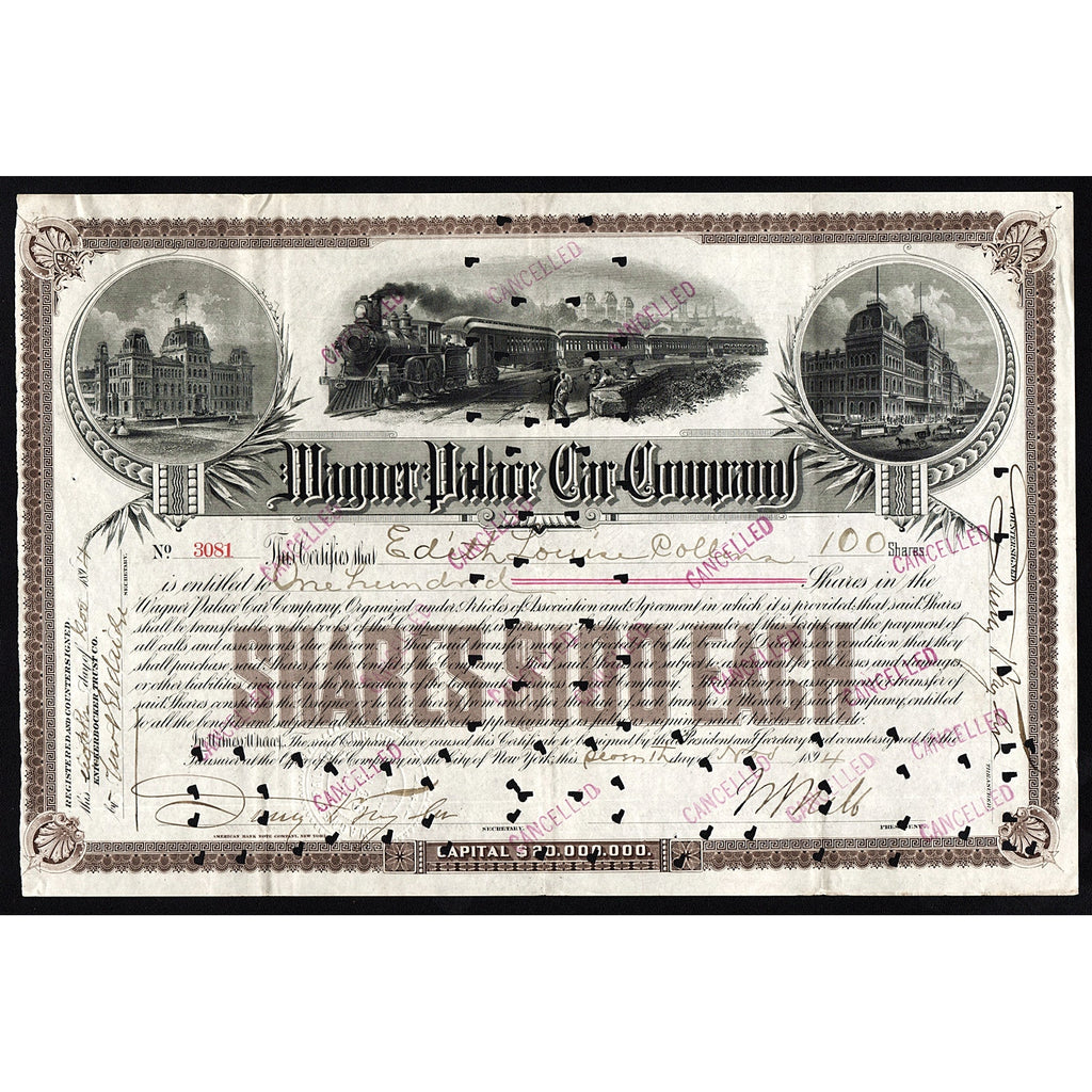 Wagner Palace Car Company 1894 Stock Certificate