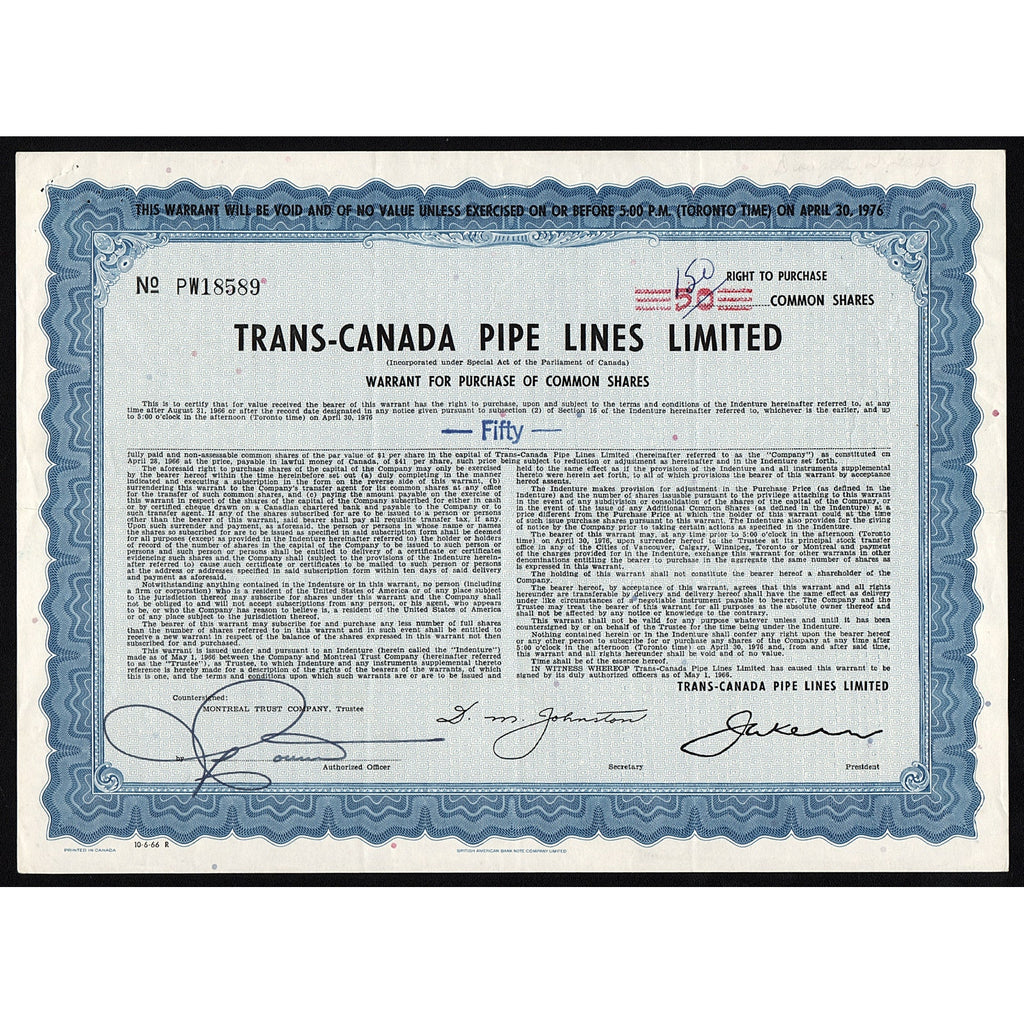Trans-Canada Pipe Lines Limited Warrant Stock Certificate