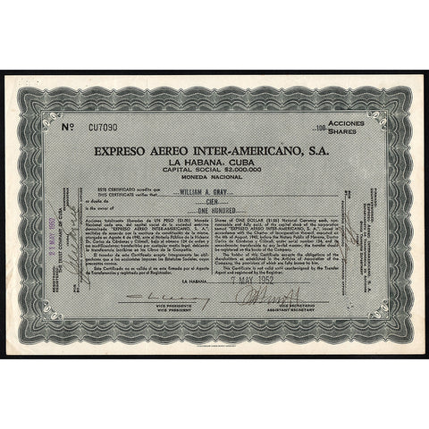 Expreso Aereo Inter-Americano, S.A. (La Habana Cuba) Stock Certificate
